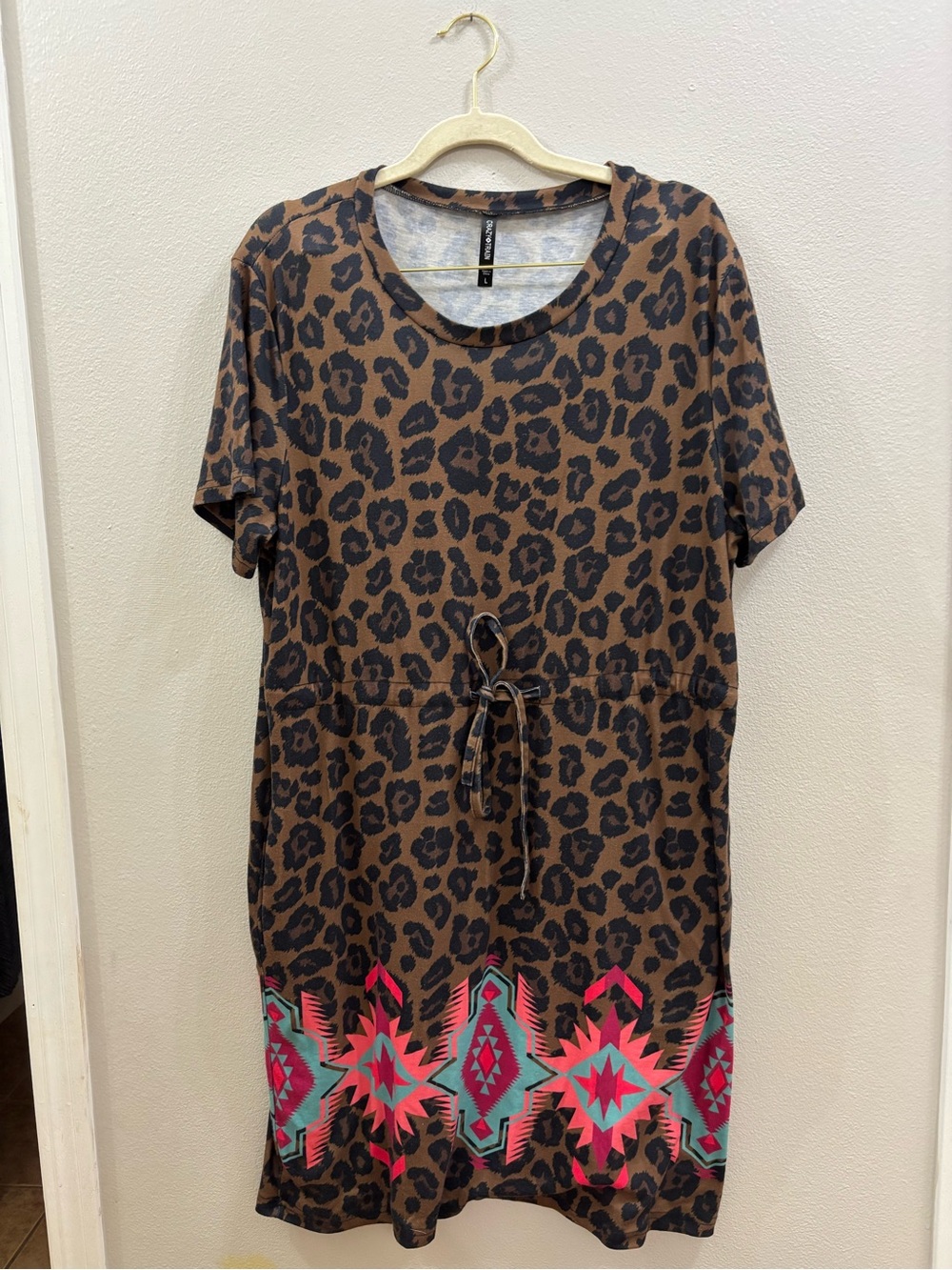 Crazy Train Brown Leopard Print Short Sleeve dress with Colorful Hem